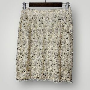 Vintage Y2K Cache Cream Beaded Floral Lace Scallop Hem Skirt Medium Cocktail